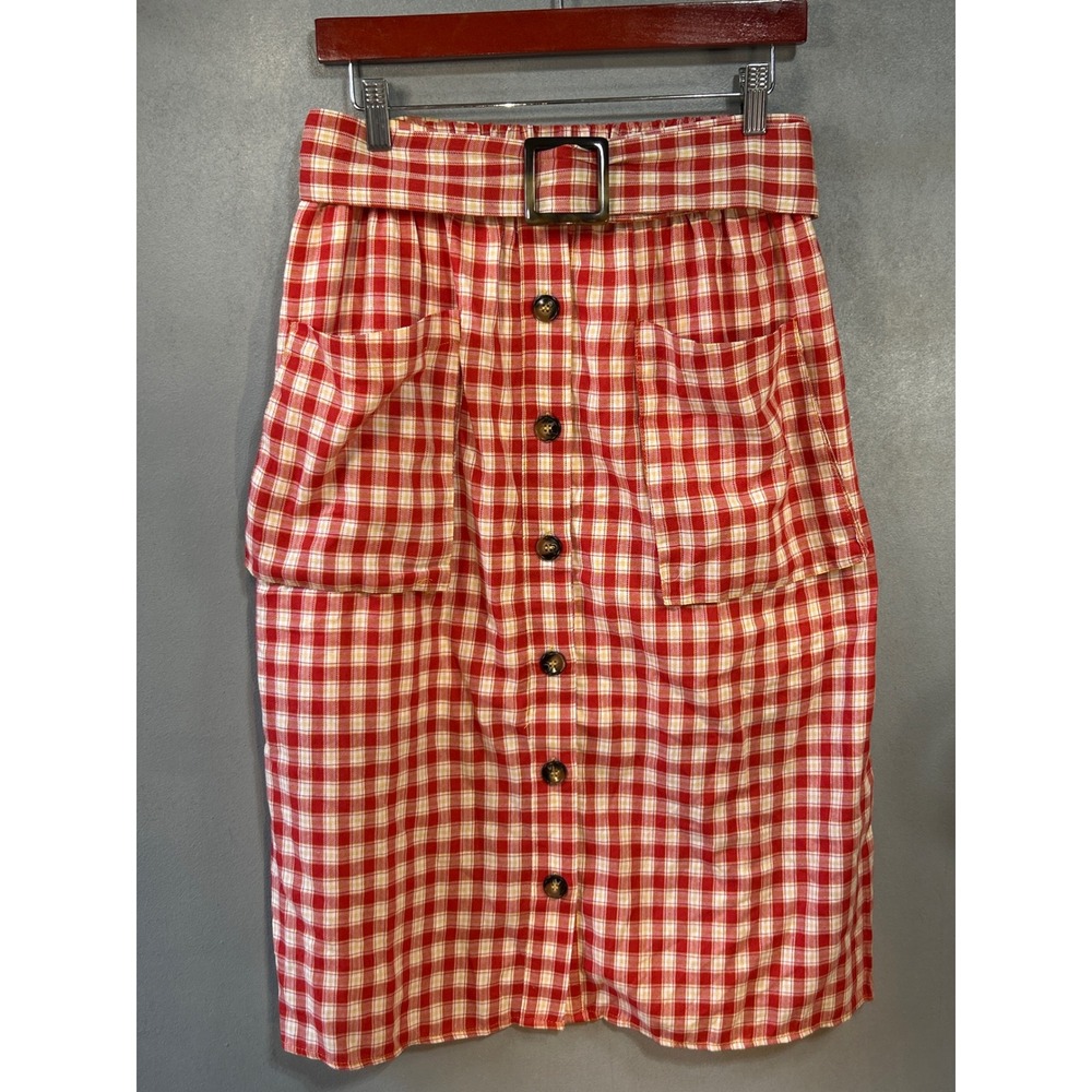 Moon River Red Gingham Plaid Belted Button Front Midi Skirt Pockets Medium